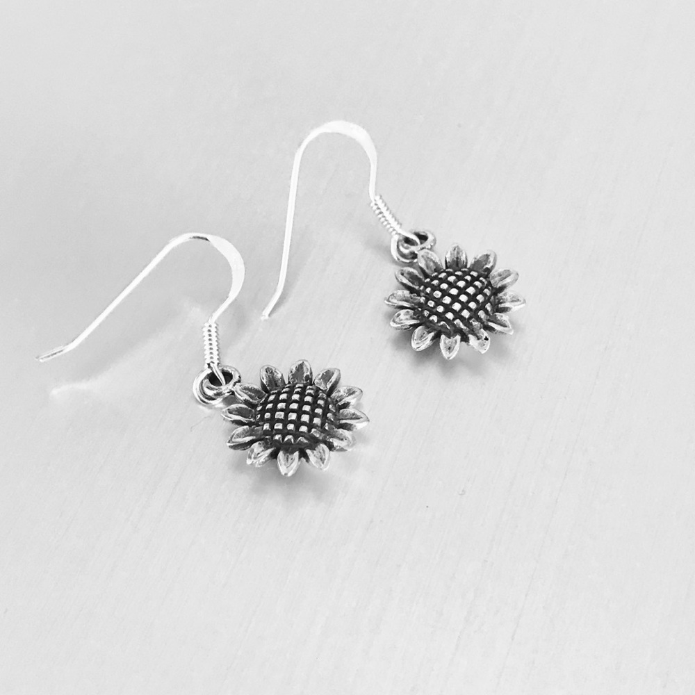 Sterling Silver Dangling Sunflower Earrings, Silver Earring, Flower Earrings - Picture 4 of 8